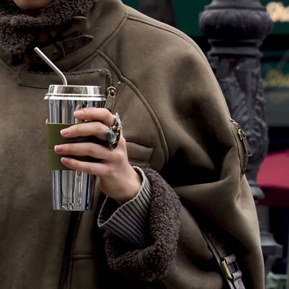 Stainless Steel Coffee Cup with Leather Cuff | Objets Miroir